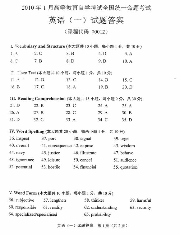 全国2010年1月高等教育自学考试英语（一）试卷(图9)