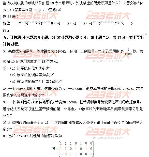 全国2011年4月高等教育自学考试数据通信原理试题(图5)